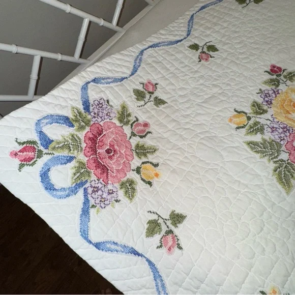 Vintage Quilt Embroidered Handsewn Cross Stitch Bedspread Flowers Ribbons 84x84” - Picture 11 of 13